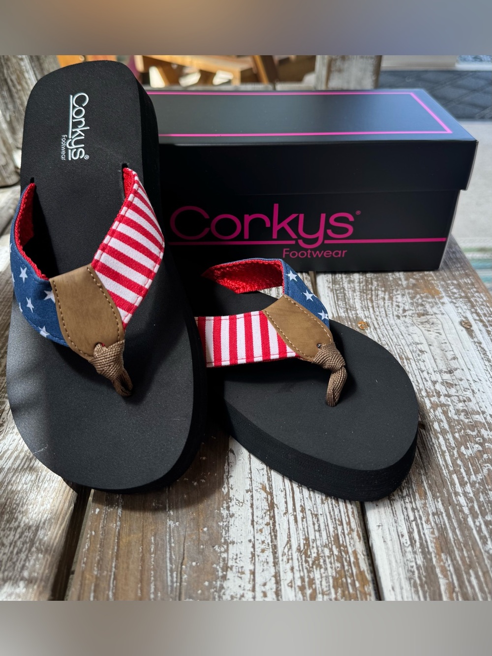 Corkys American Flag Red White Blue Flip Flop Sandals - Americana Liberty Style. - Picture 1 of 6